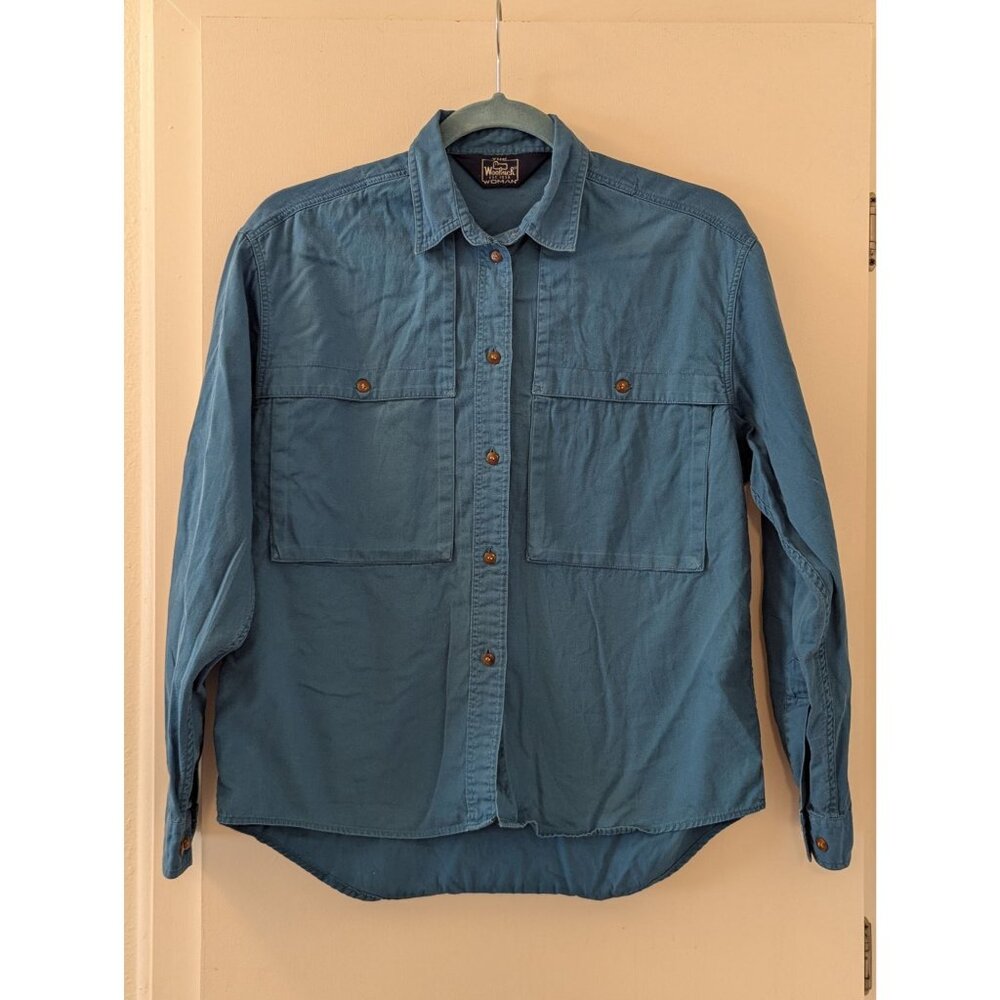 Vintage The Woolrich Woman Blue Button-Up Shirt With Dual Chest Pockets Size M